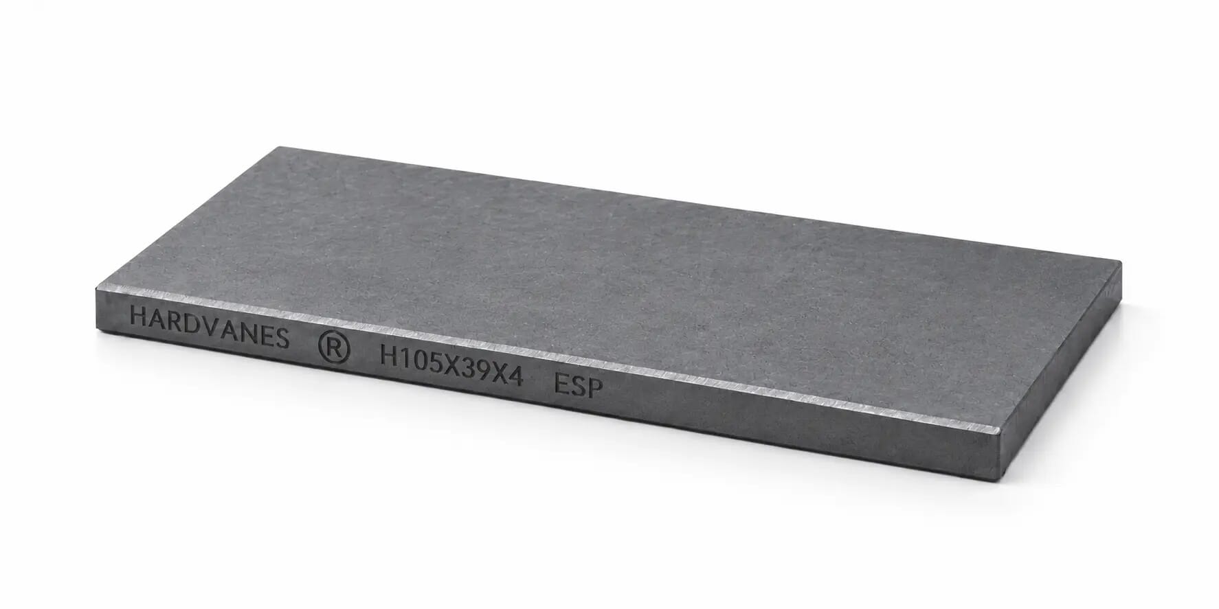 Paleta HARDVANES® de 105 × 39 × 4 mm en grafito mate, grabado en el canto frontal.