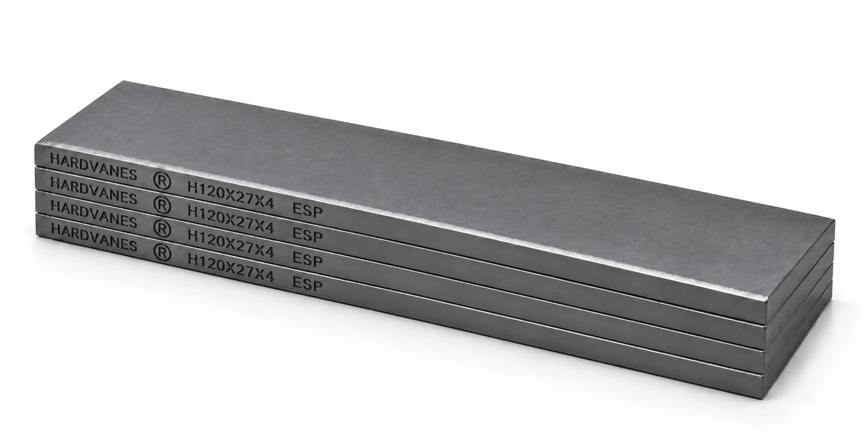 HARDVANES® H120274/4 — Kit de 4 paletas 120 × 27 × 4 mm con bisel fino y grabado a la izquierda del canto