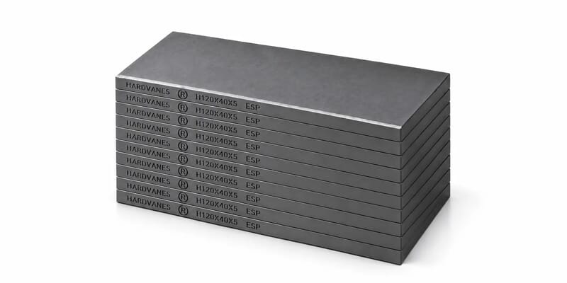 Kit de 10 paletas HARDVANES® de 120 × 40 × 5 mm, carbono-grafito con bisel, grabado a la izquierda y fondo blanco