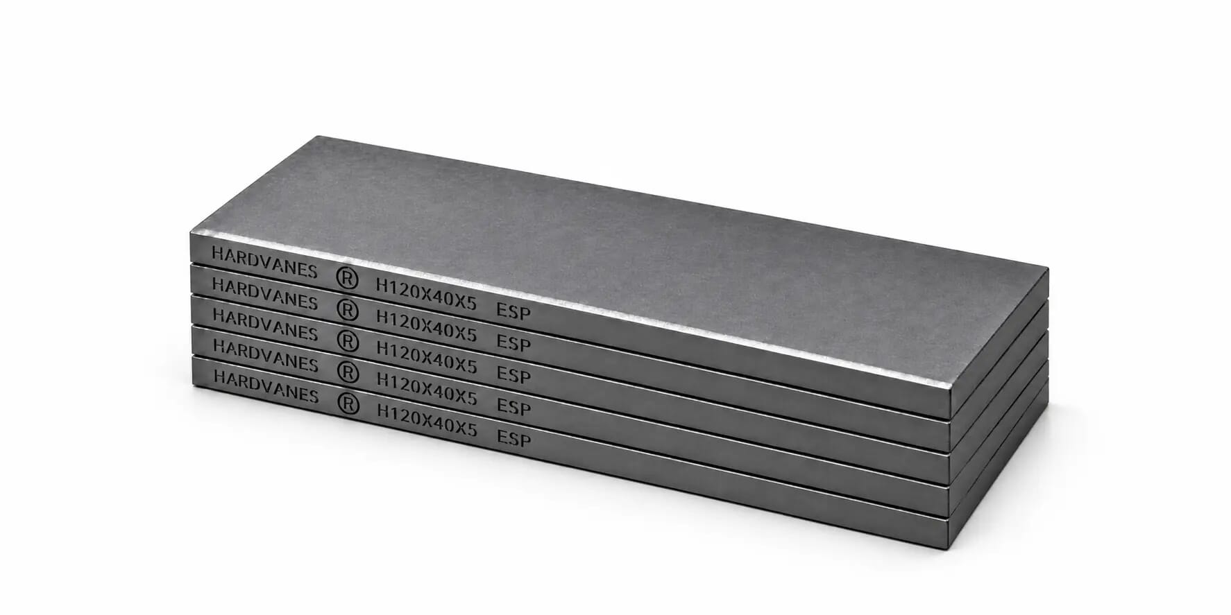 Kit de 5 paletas HARDVANES® de 120 × 40 × 5 mm, carbono-grafito con bisel, grabado a la izquierda y fondo blanco