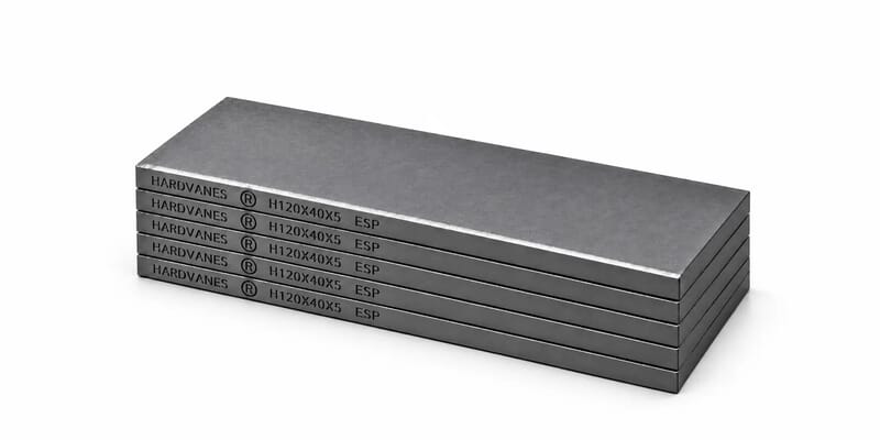 Kit de 5 paletas HARDVANES® de 120 × 40 × 5 mm, carbono-grafito con bisel, grabado a la izquierda y fondo blanco