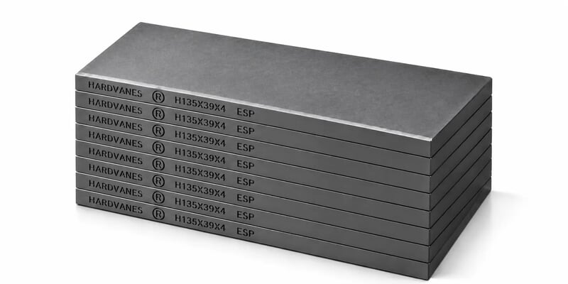 Kit de 8 paletas HARDVANES® de 135 × 39 × 4 mm, carbono-grafito con bisel, grabado a la izquierda y fondo blanco