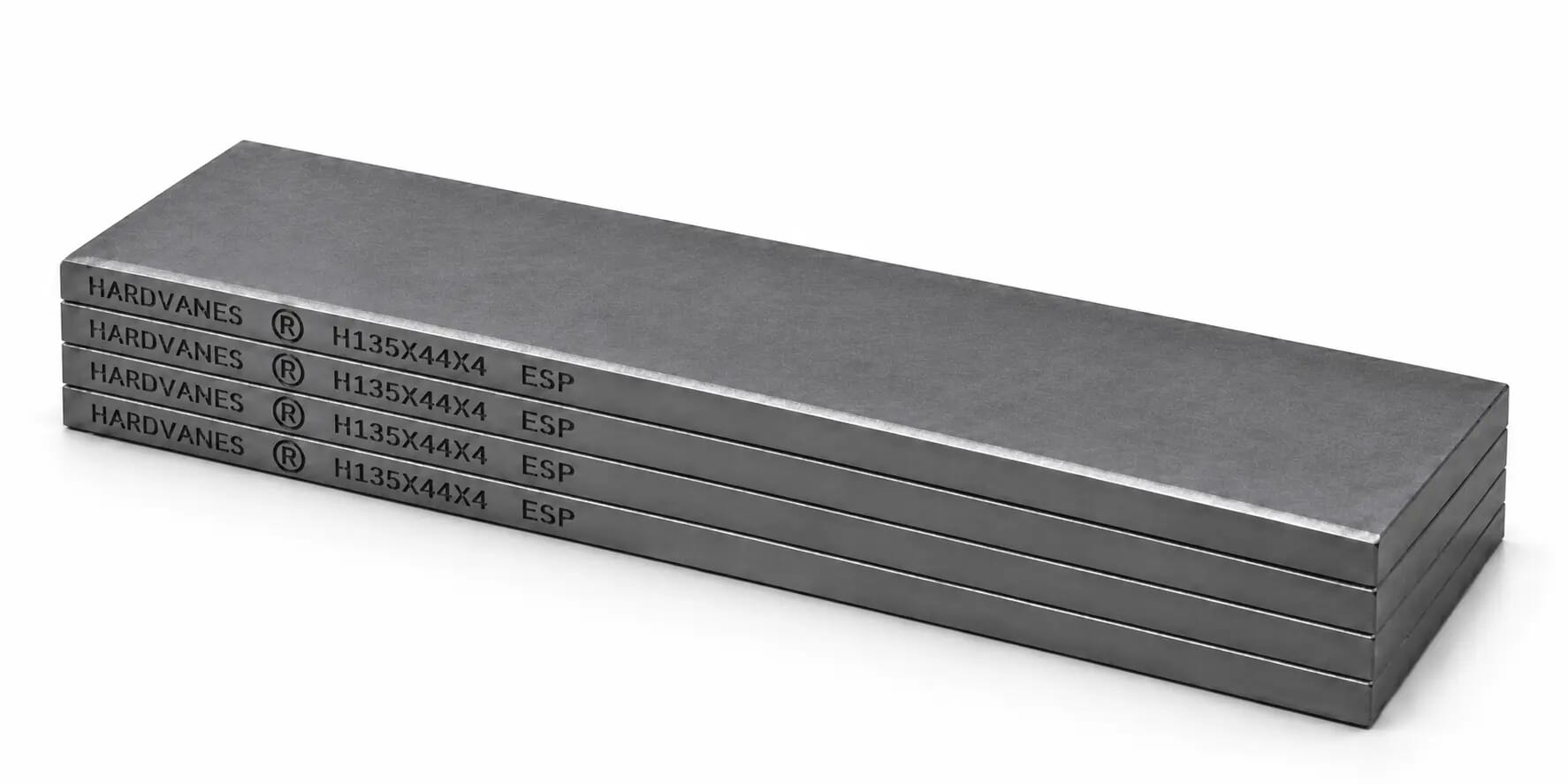 HARDVANES® H135444/4 — Kit de 4 paletas 135 × 44 × 4 mm con bisel fino y grabado a la izquierda del canto