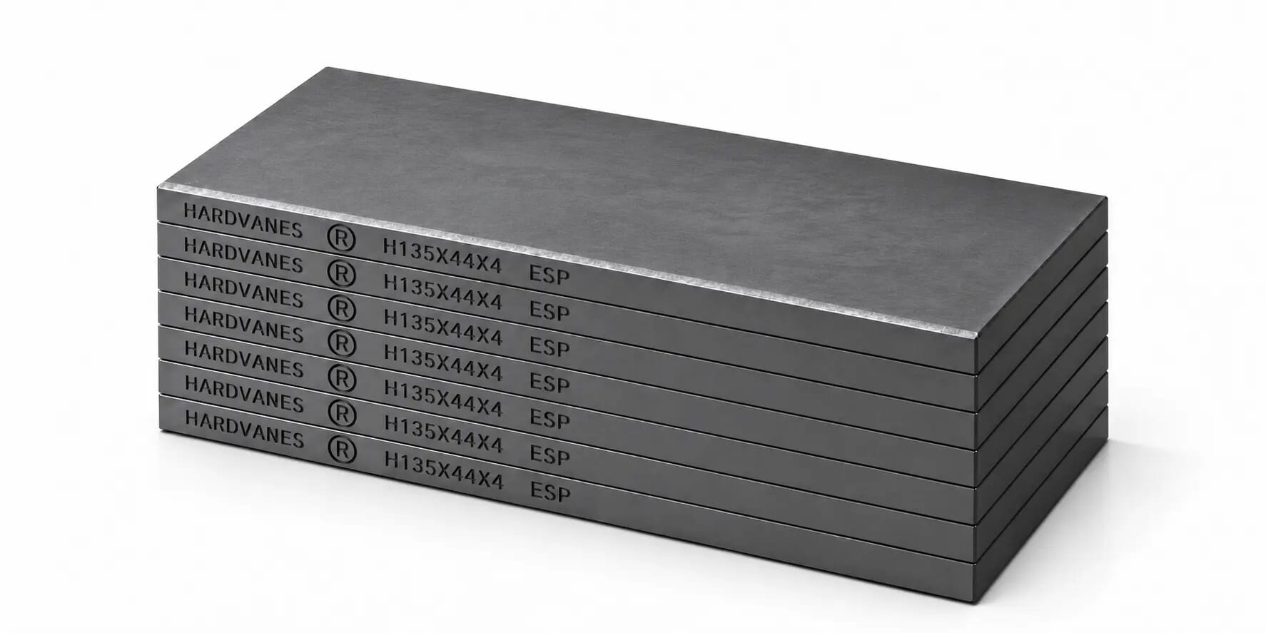 HARDVANES® H135444/7 — Kit de 7 paletas 135 × 44 × 4 mm con bisel fino y grabado a la izquierda del canto