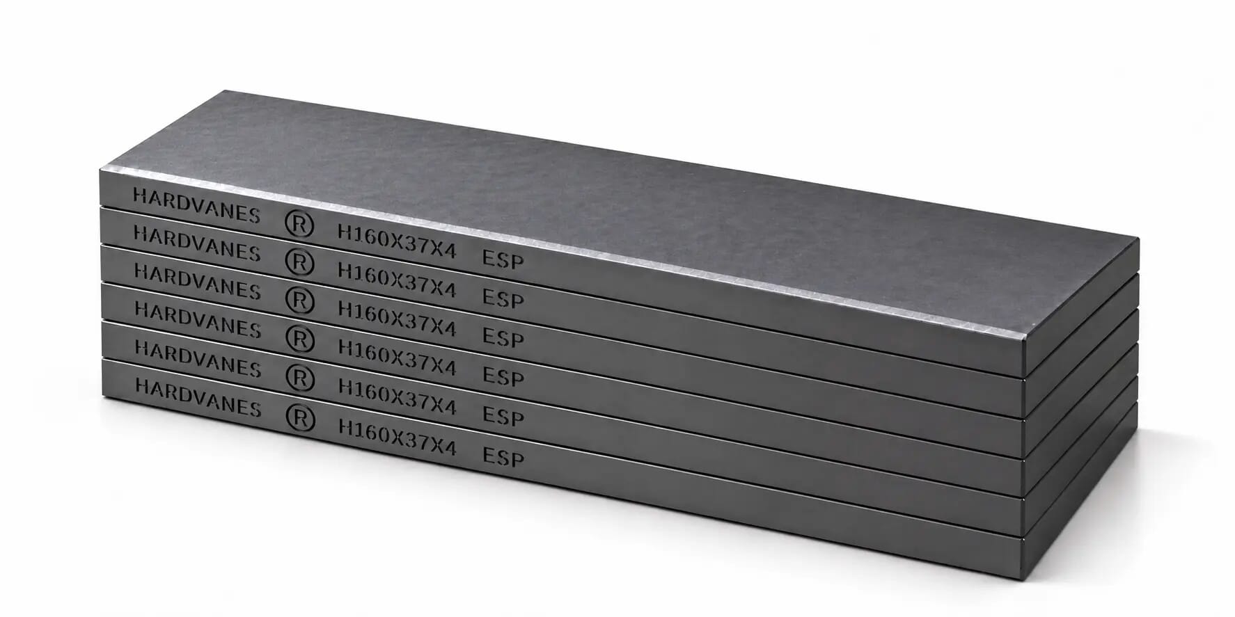 Kit de 6 paletas de carbono-grafito HARDVANES H160374/6 de 160×37×4 mm, apiladas y grabadas sobre fondo blanco.