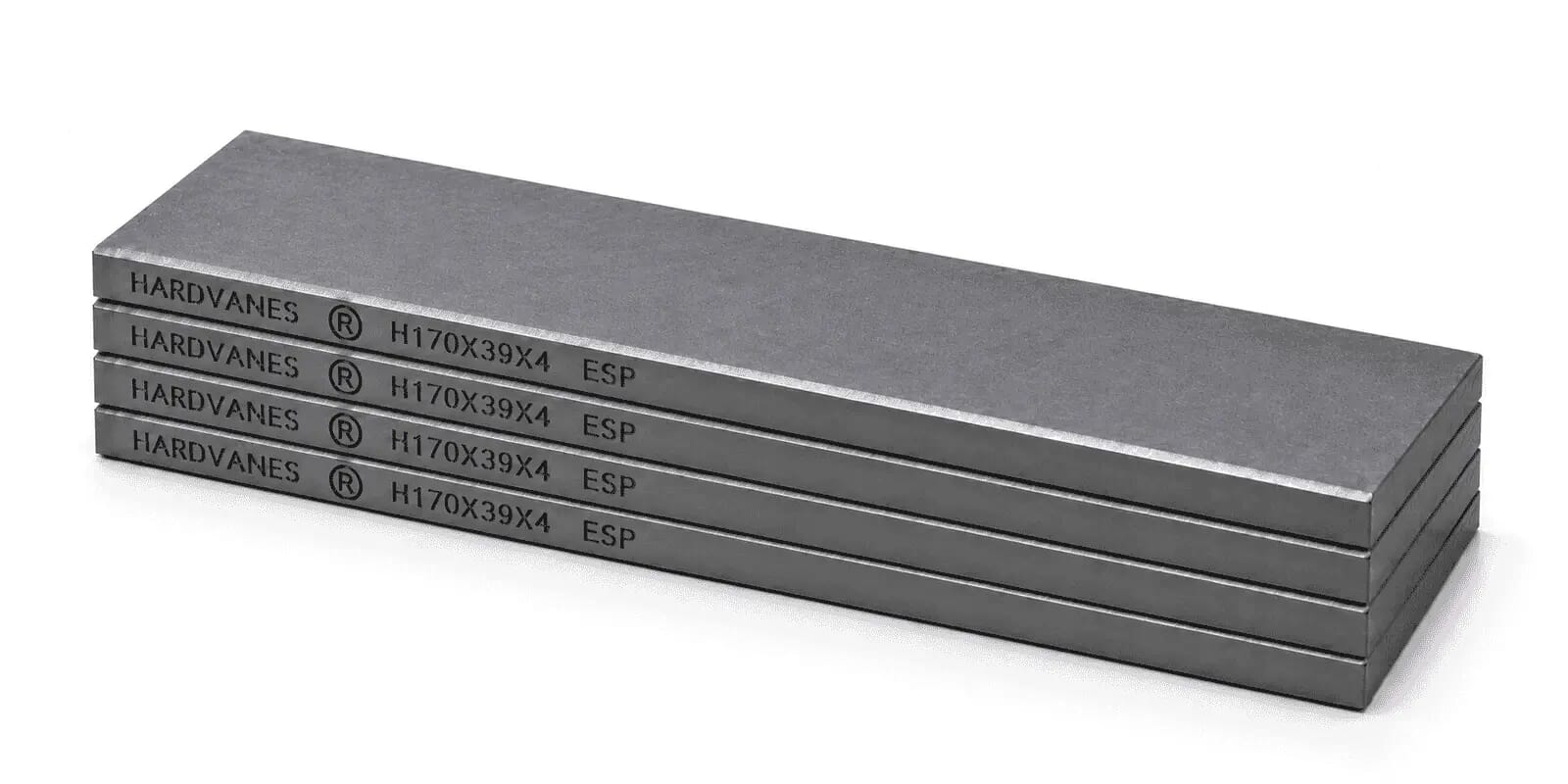 Kit de cuatro paletas HARDVANES® de carbono-grafito de 170 × 39 × 4 mm, apiladas con bisel y grabado H170X39X4 ESP a la izquierda