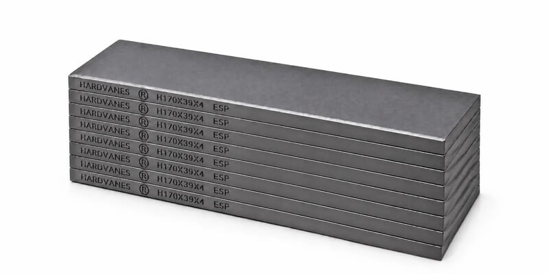 Kit de 8 paletas HARDVANES® de 170 × 39 × 4 mm, carbono-grafito con bisel, grabado a la izquierda y fondo blanco
