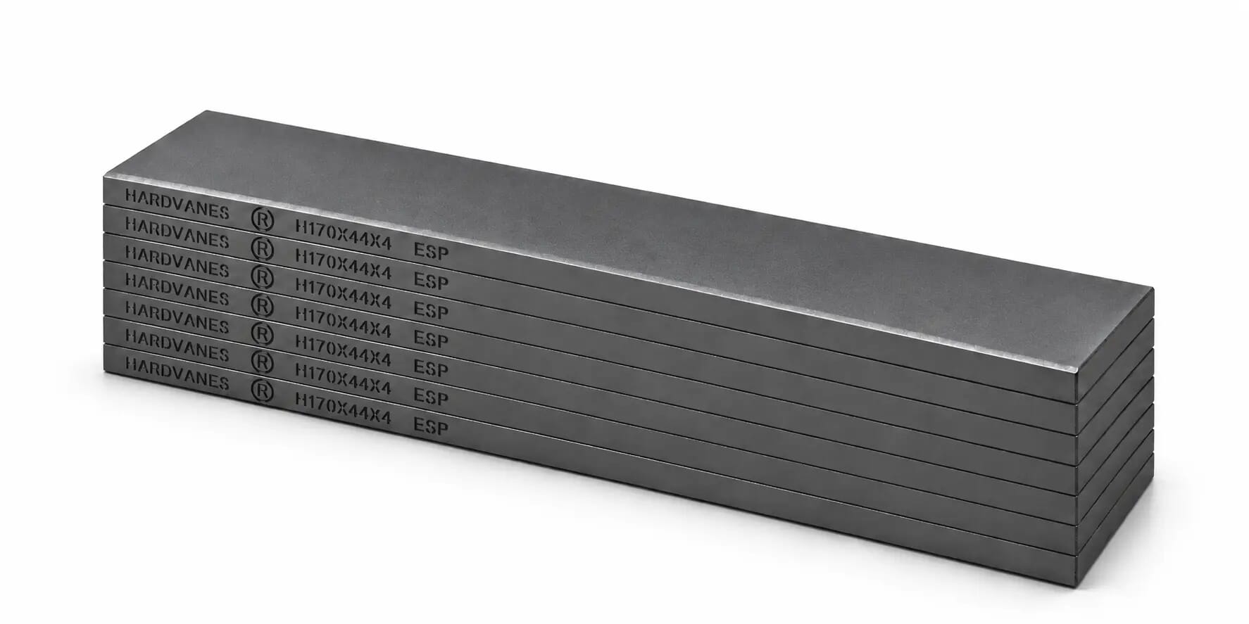Kit HARDVANES® de 7 paletas idénticas de 170 × 44 × 4 mm, apiladas y alineadas sobre fondo blanco.