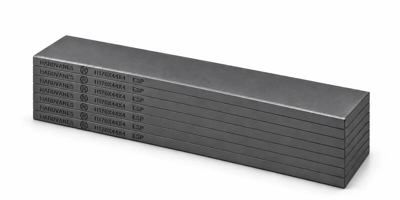 Kit HARDVANES® de 7 paletas idénticas de 170 × 44 × 4 mm, apiladas y alineadas sobre fondo blanco.