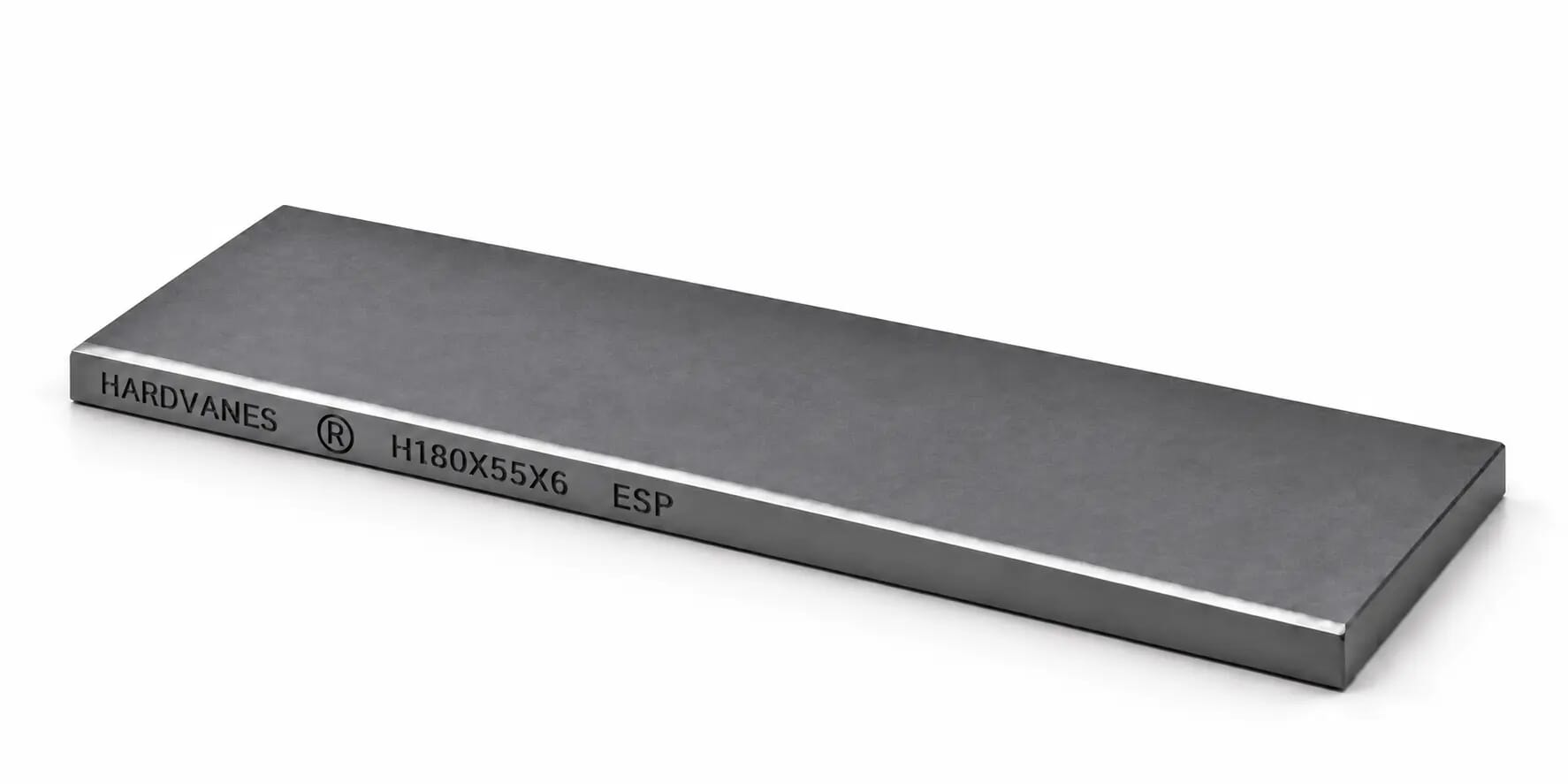 Paleta individual de carbono-grafito HARDVANES H180X55X6 de 180×55×6 mm, con grabado lateral sobre fondo blanco.