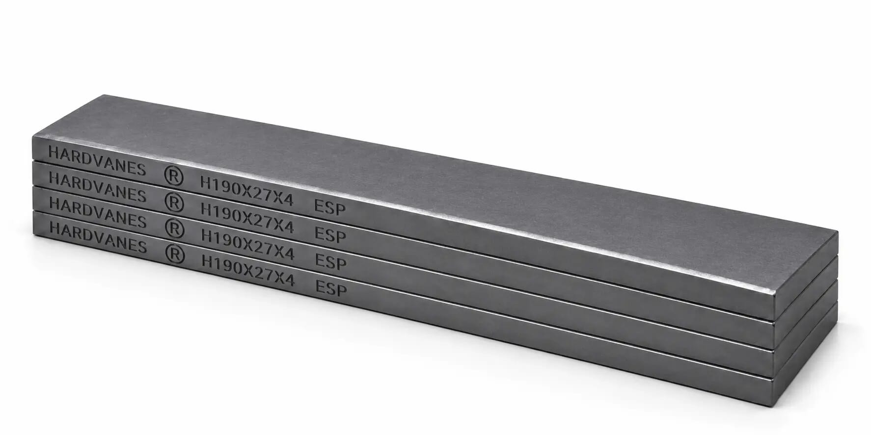 Kit de 4 paletas de carbono-grafito HARDVANES de 190×27×4 mm, apiladas con grabado lateral sobre fondo blanco.