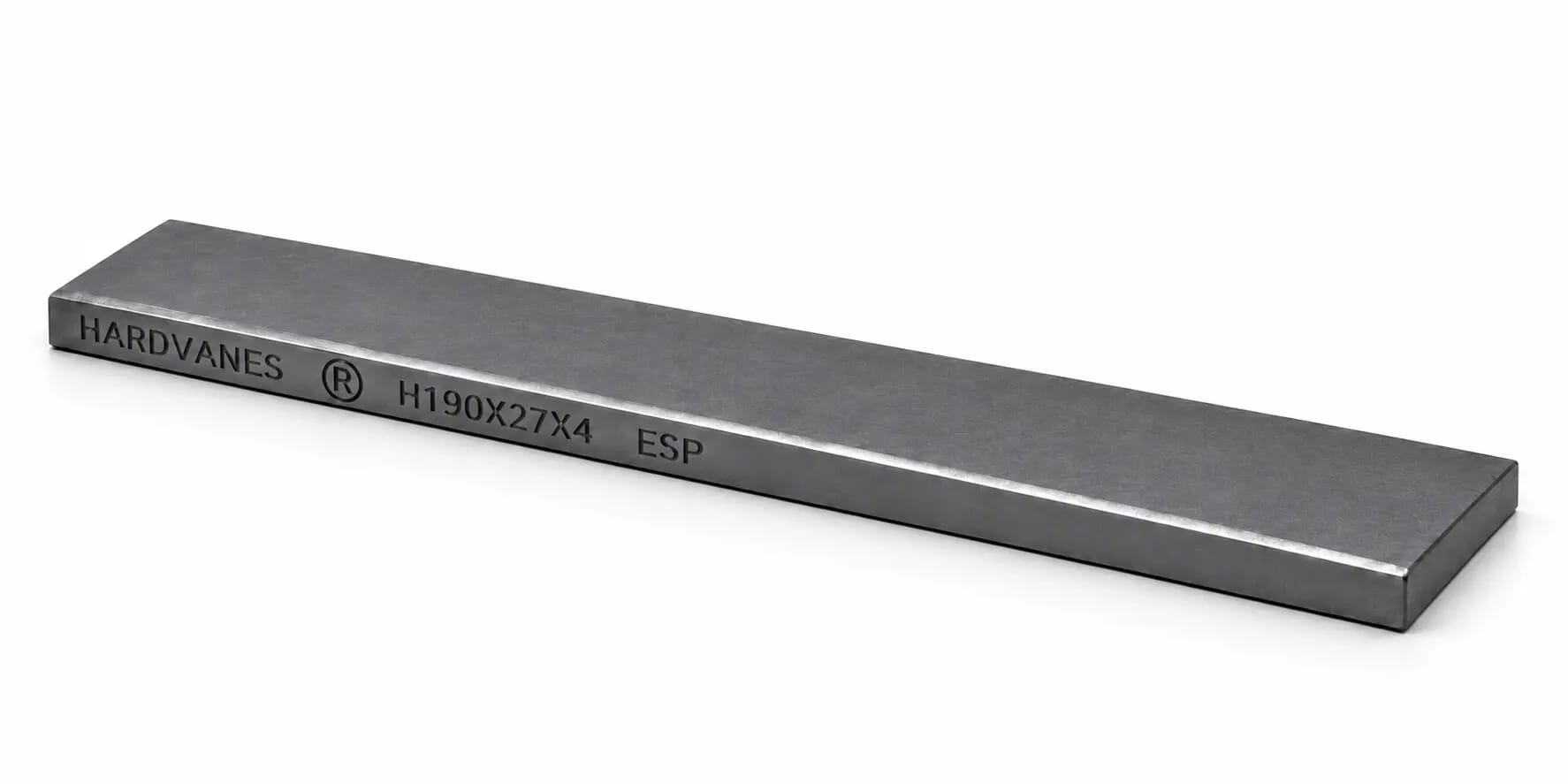 Paleta de carbono-grafito HARDVANES H190X27X4 de 190×27×4 mm, unidad con grabado lateral.