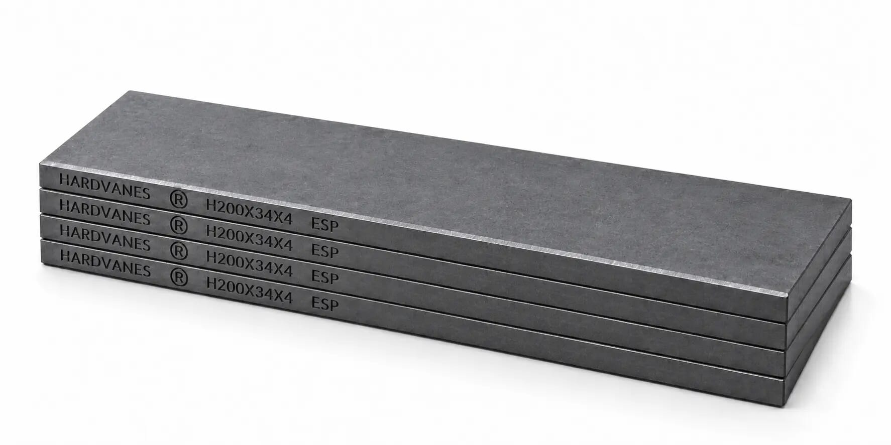 Kit HARDVANES® de 4 paletas idénticas de 200 × 34 × 4 mm, apiladas y alineadas sobre fondo blanco.