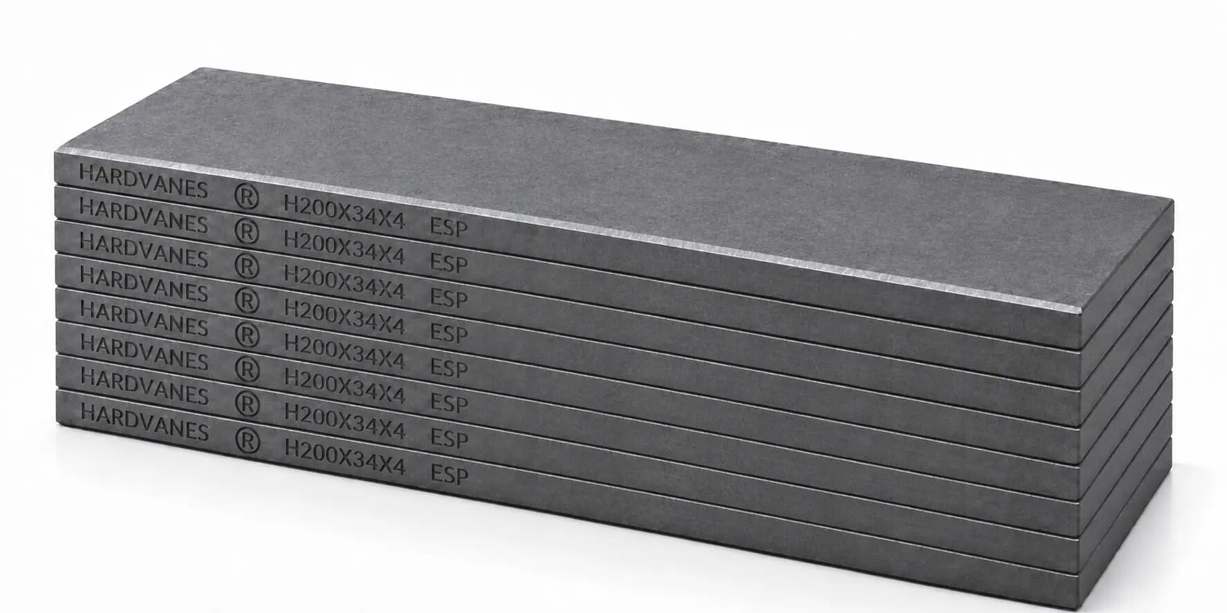 Kit HARDVANES® de 8 paletas idénticas de 200 × 34 × 4 mm, apiladas y alineadas sobre fondo blanco.