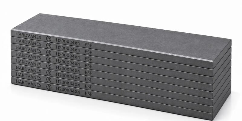 Kit HARDVANES® de 8 paletas idénticas de 200 × 34 × 4 mm, apiladas y alineadas sobre fondo blanco.