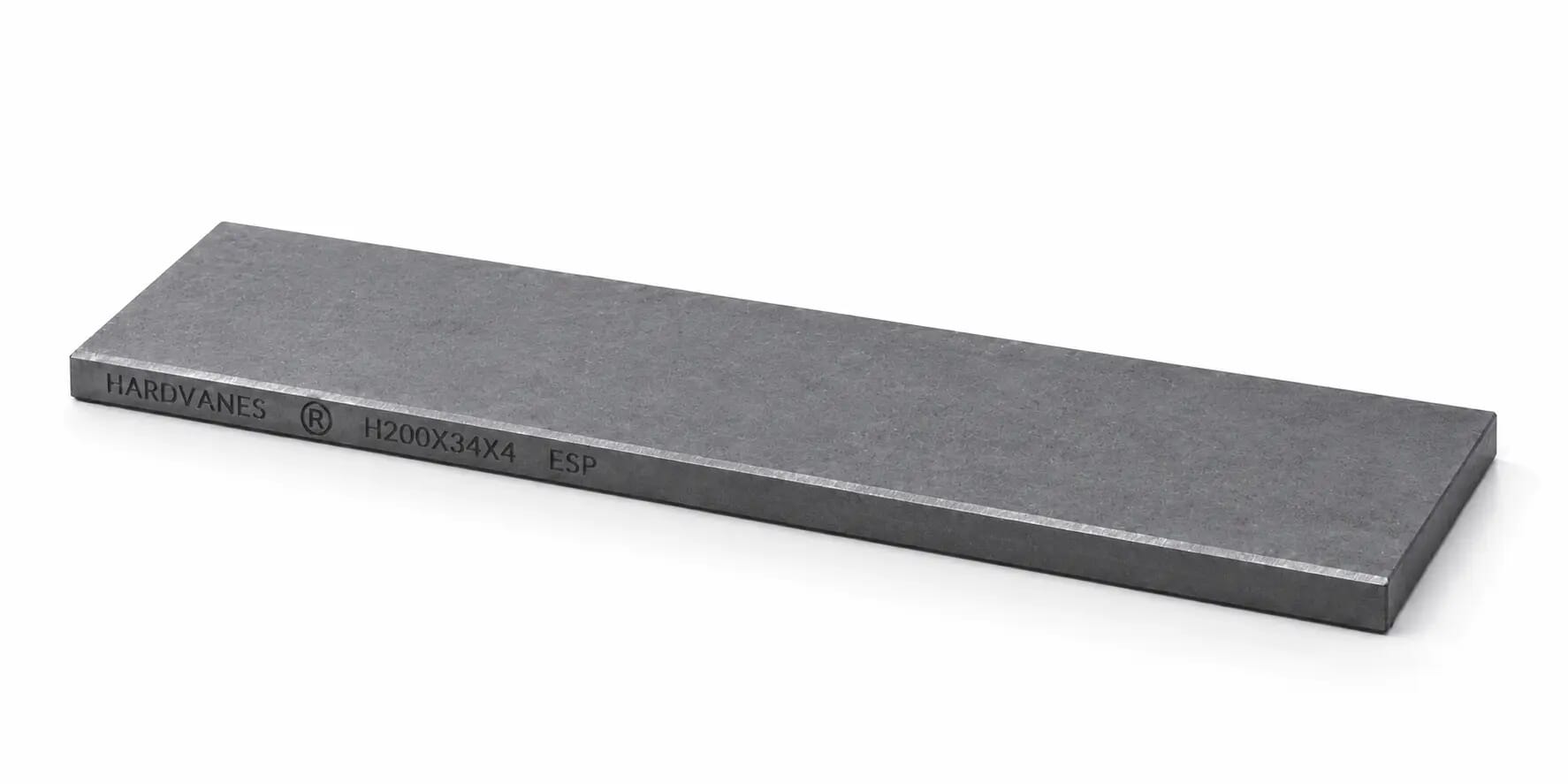 Paleta HARDVANES® de 200 × 34 × 4 mm en grafito mate, grabado en el canto frontal.