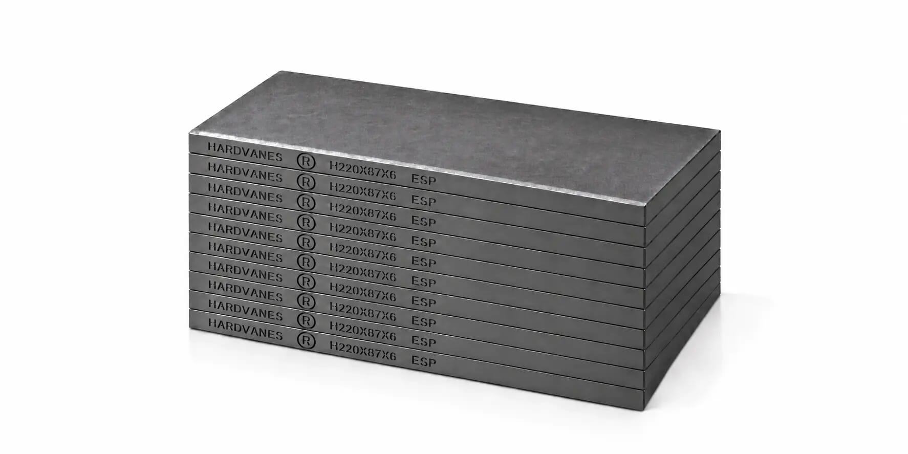 HARDVANES® H220876/10 — Kit de 10 paletas 220 × 87 × 6 mm con bisel fino y grabado a la izquierda del canto