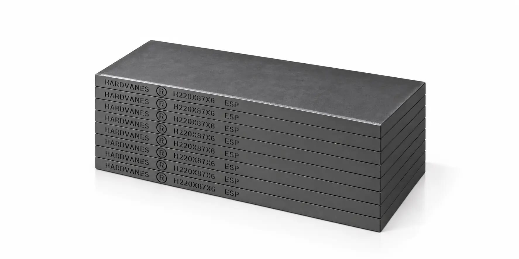 HARDVANES® H220876/8 — Kit de 8 paletas 220 × 87 × 6 mm con bisel fino y grabado a la izquierda del canto