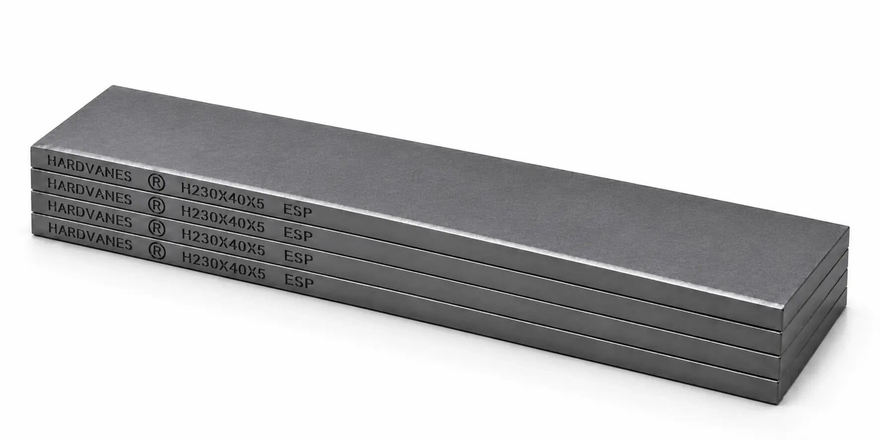 HARDVANES® H230405/4 — Kit de 4 paletas 230 × 40 × 5 mm con bisel fino y grabado a la izquierda del canto