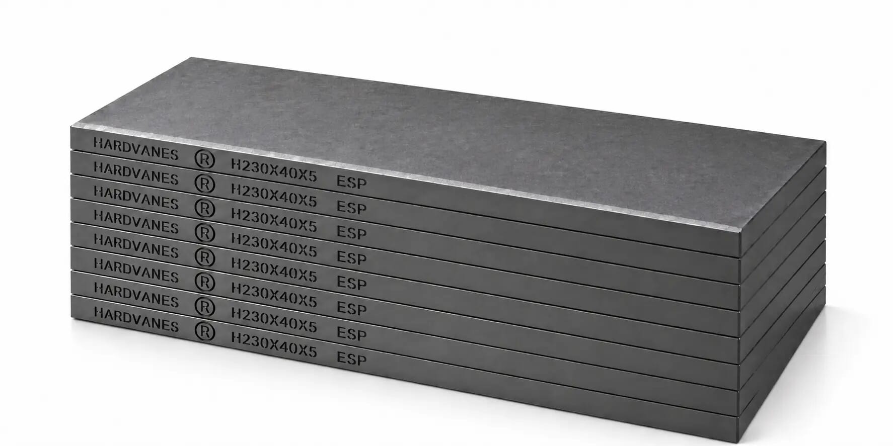 HARDVANES® H230405/8 — Kit de 8 paletas 230 × 40 × 5 mm con bisel fino y grabado a la izquierda del canto