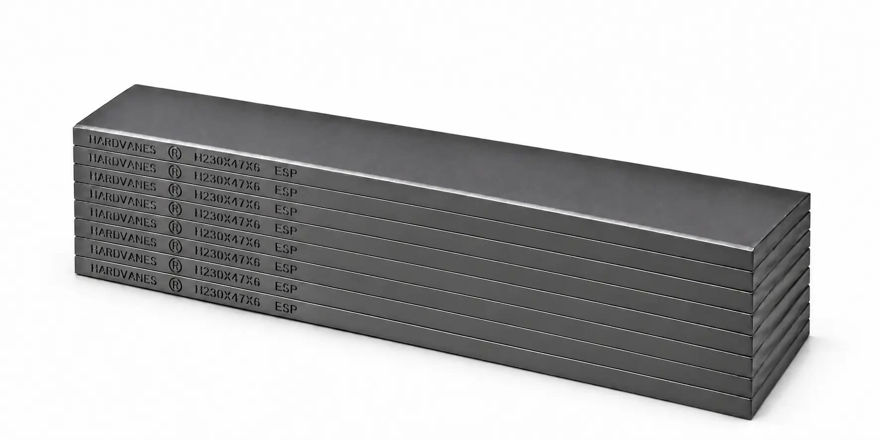 Kit de 8 paletas de carbono-grafito HARDVANES H230476/8 de 230×47×6 mm, apiladas y grabadas sobre fondo blanco.