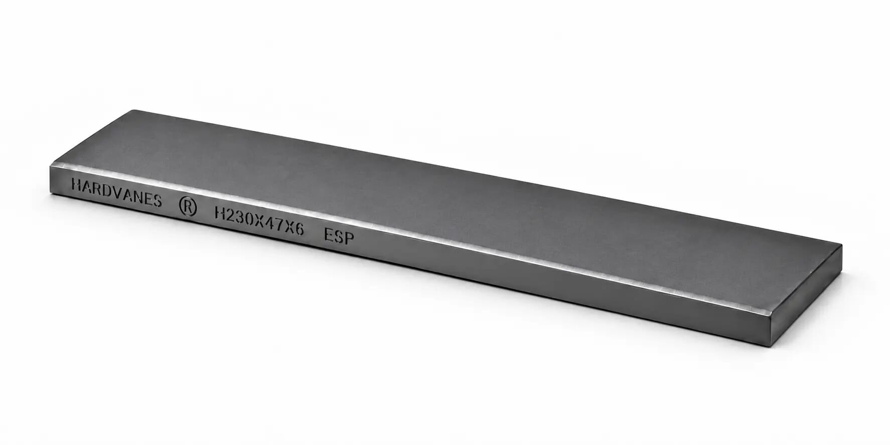 Paleta individual de carbono-grafito HARDVANES H230X47X6 de 230×47×6 mm, con grabado lateral sobre fondo blanco.