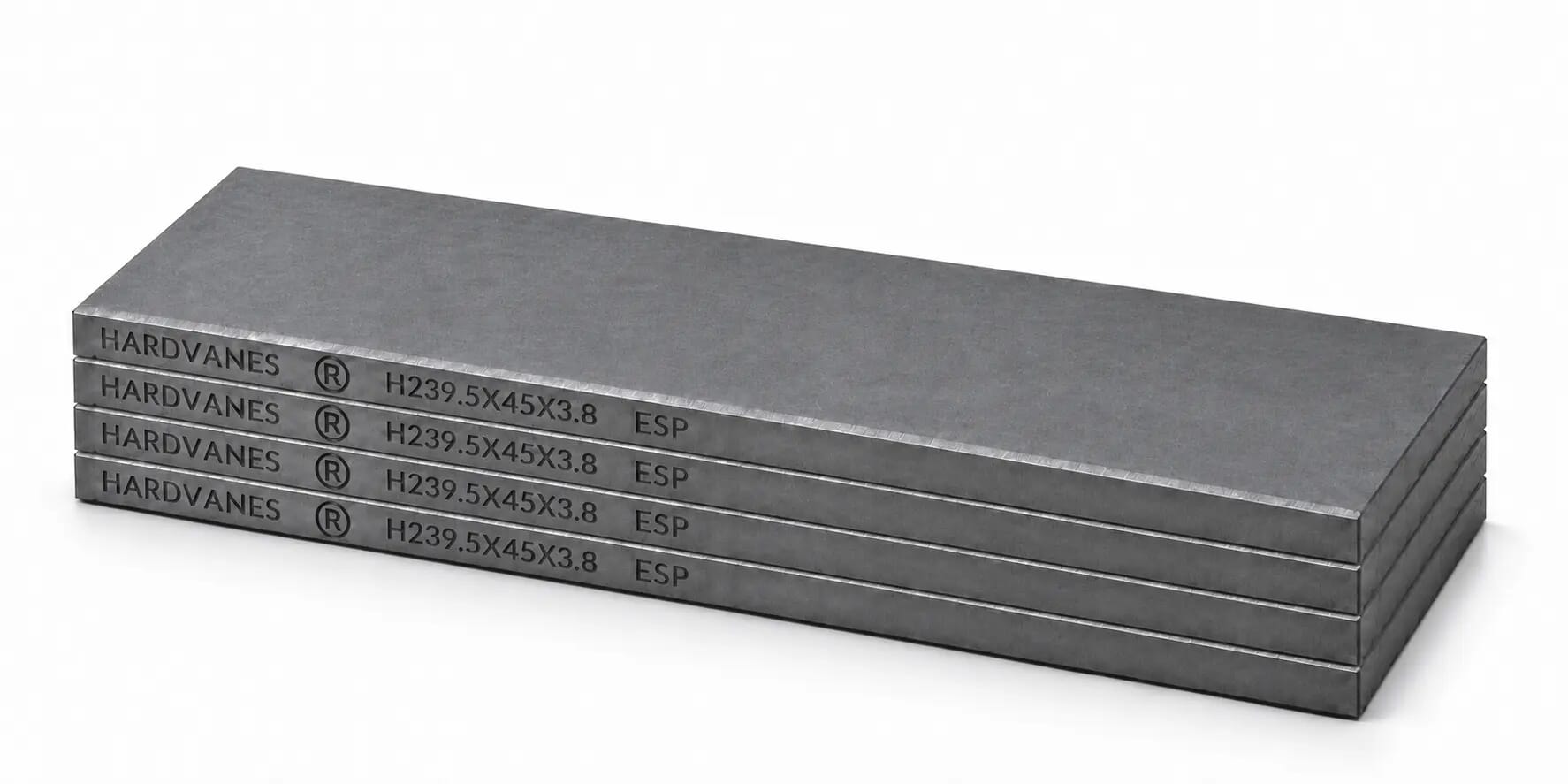 Kit HARDVANES® de 4 paletas idénticas de 239.5 × 45 × 3.8 mm, apiladas y alineadas sobre fondo blanco.
