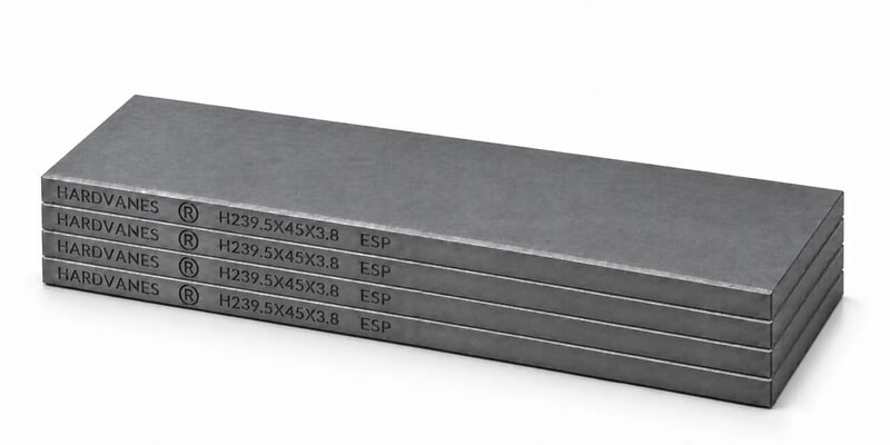 Kit HARDVANES® de 4 paletas idénticas de 239.5 × 45 × 3.8 mm, apiladas y alineadas sobre fondo blanco.