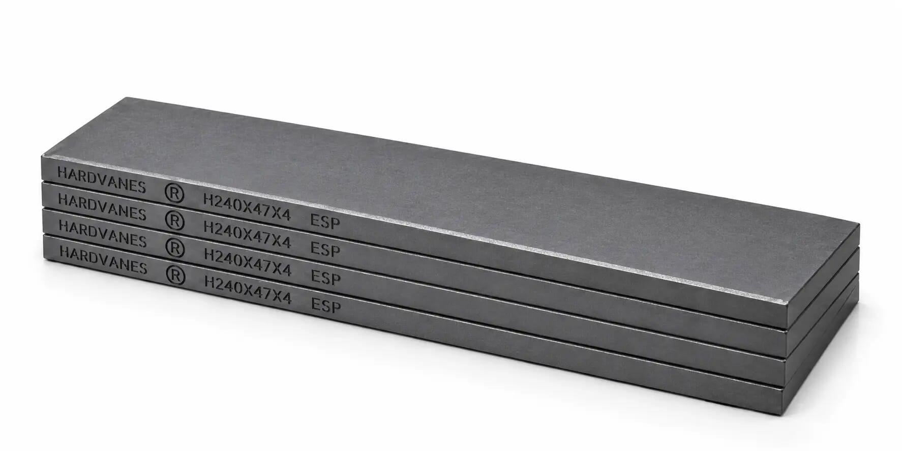 Kit HARDVANES® de 4 paletas idénticas de 240 × 47 × 4 mm, apiladas y alineadas sobre fondo blanco.