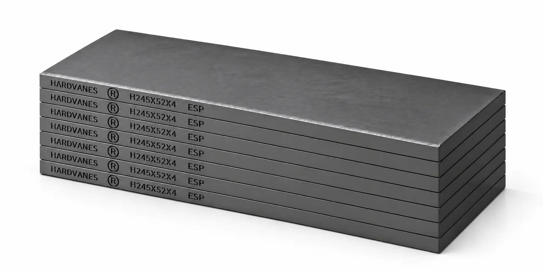 HARDVANES® H245524/7 — Kit de 7 paletas 245 × 52 × 4 mm con bisel fino y grabado a la izquierda del canto