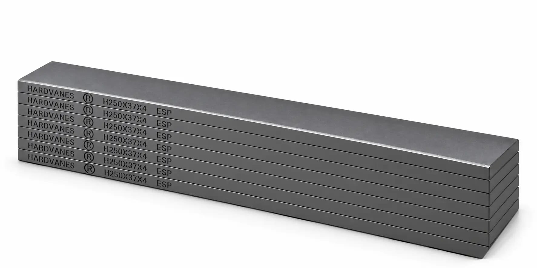 Kit de 7 paletas de carbono-grafito HARDVANES H250374/7 de 250×37×4 mm, apiladas y grabadas sobre fondo blanco.