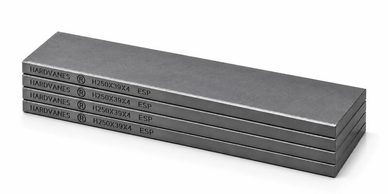 Kit de 4 paletas HARDVANES® de 250 × 39 × 4 mm, carbono-grafito con bisel, grabado a la izquierda y fondo blanco
