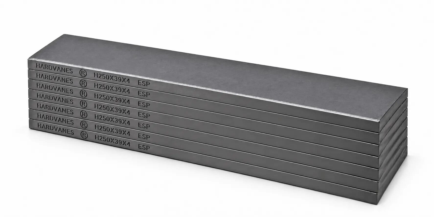Kit de 7 paletas HARDVANES® de 250 × 39 × 4 mm, carbono-grafito con bisel, grabado a la izquierda y fondo blanco