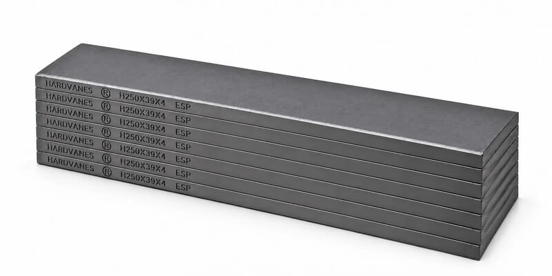 Kit de 7 paletas HARDVANES® de 250 × 39 × 4 mm, carbono-grafito con bisel, grabado a la izquierda y fondo blanco