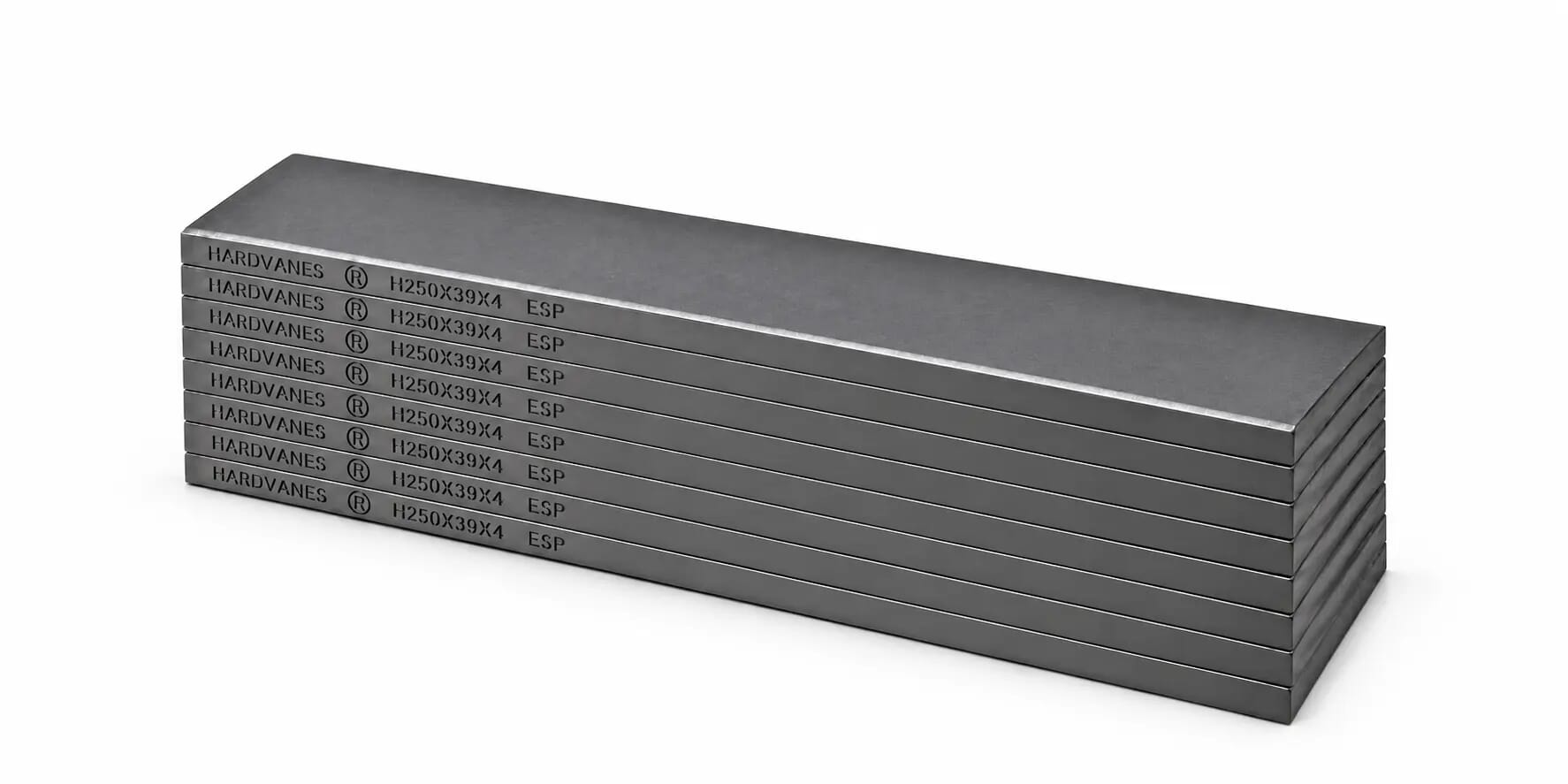 Kit de 8 paletas HARDVANES® de 250 × 39 × 4 mm, carbono-grafito con bisel, grabado a la izquierda y fondo blanco