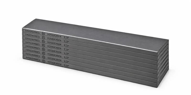 Kit de 8 paletas HARDVANES® de 250 × 39 × 4 mm, carbono-grafito con bisel, grabado a la izquierda y fondo blanco