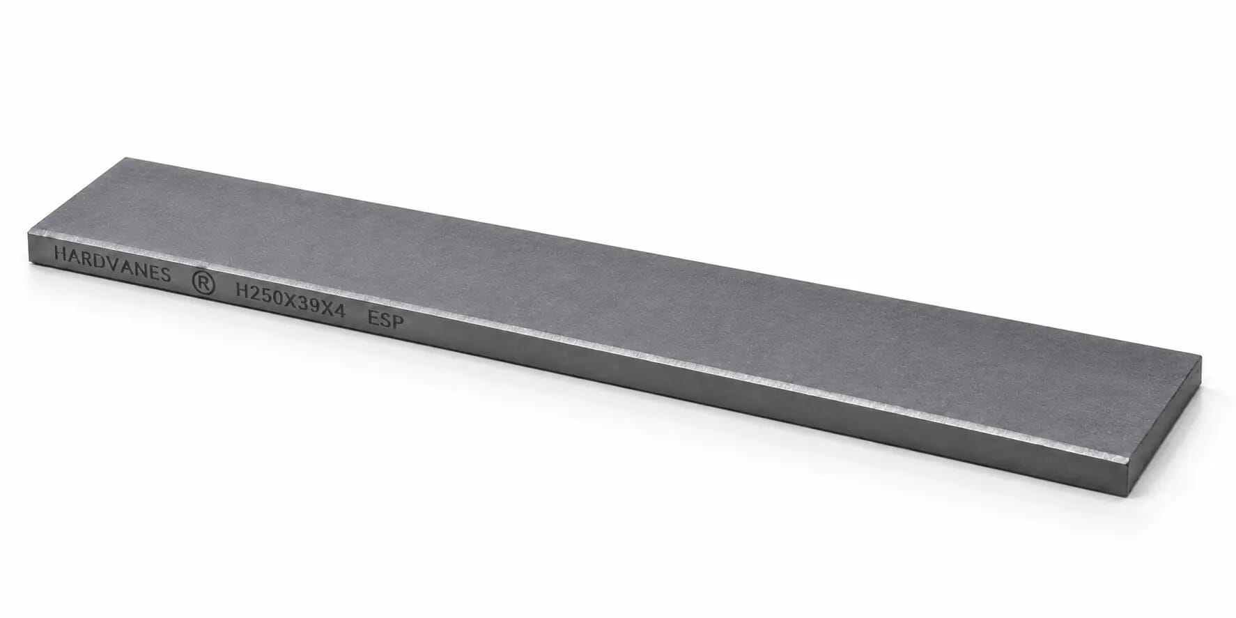 Paleta individual HARDVANES® de 250 × 39 × 4 mm, carbono-grafito con bisel, grabado a la izquierda y fondo blanco
