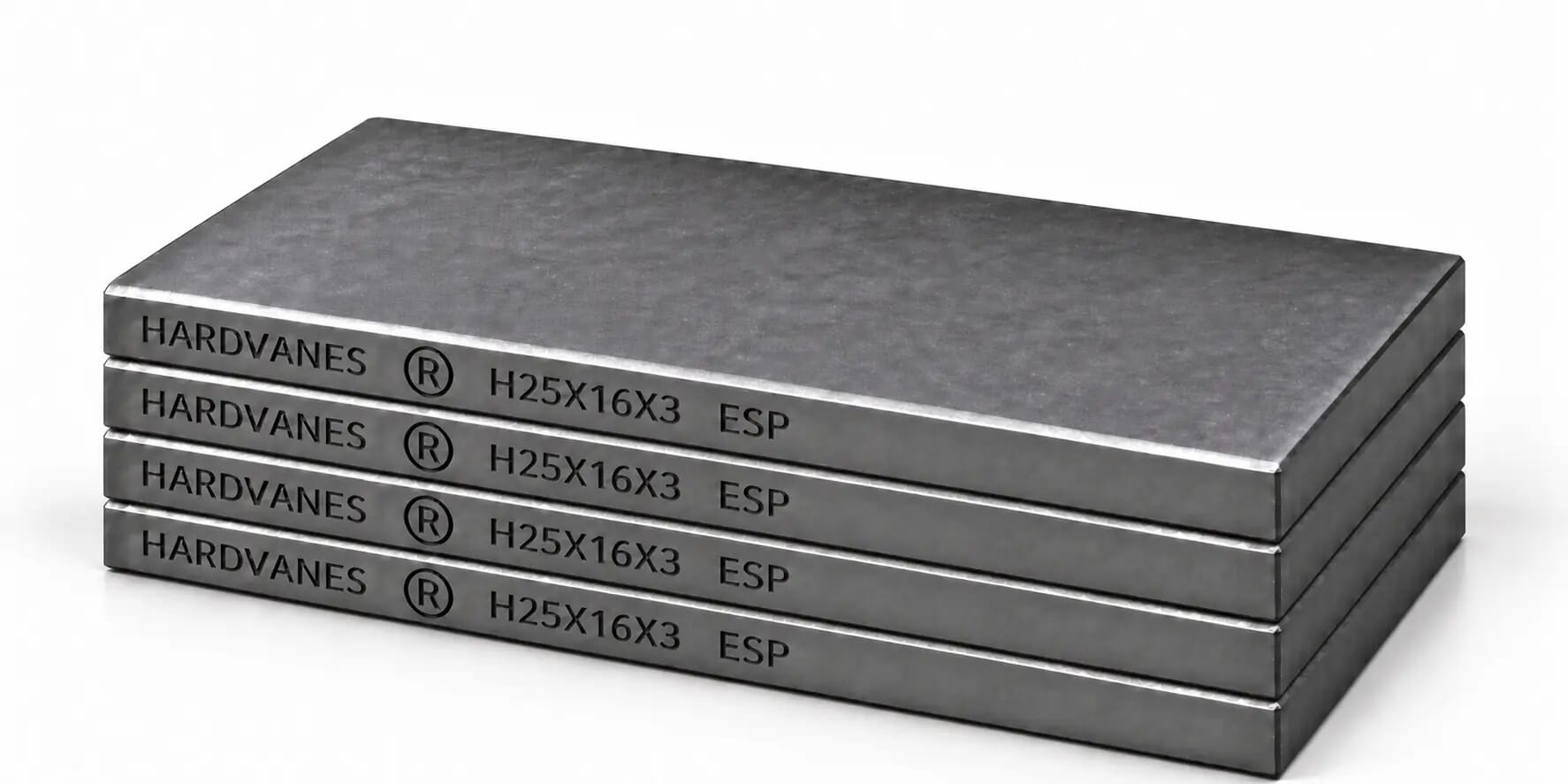 Kit de 4 paletas de carbono-grafito HARDVANES H25163/4 de 25×16×3 mm, apiladas y grabadas sobre fondo blanco.