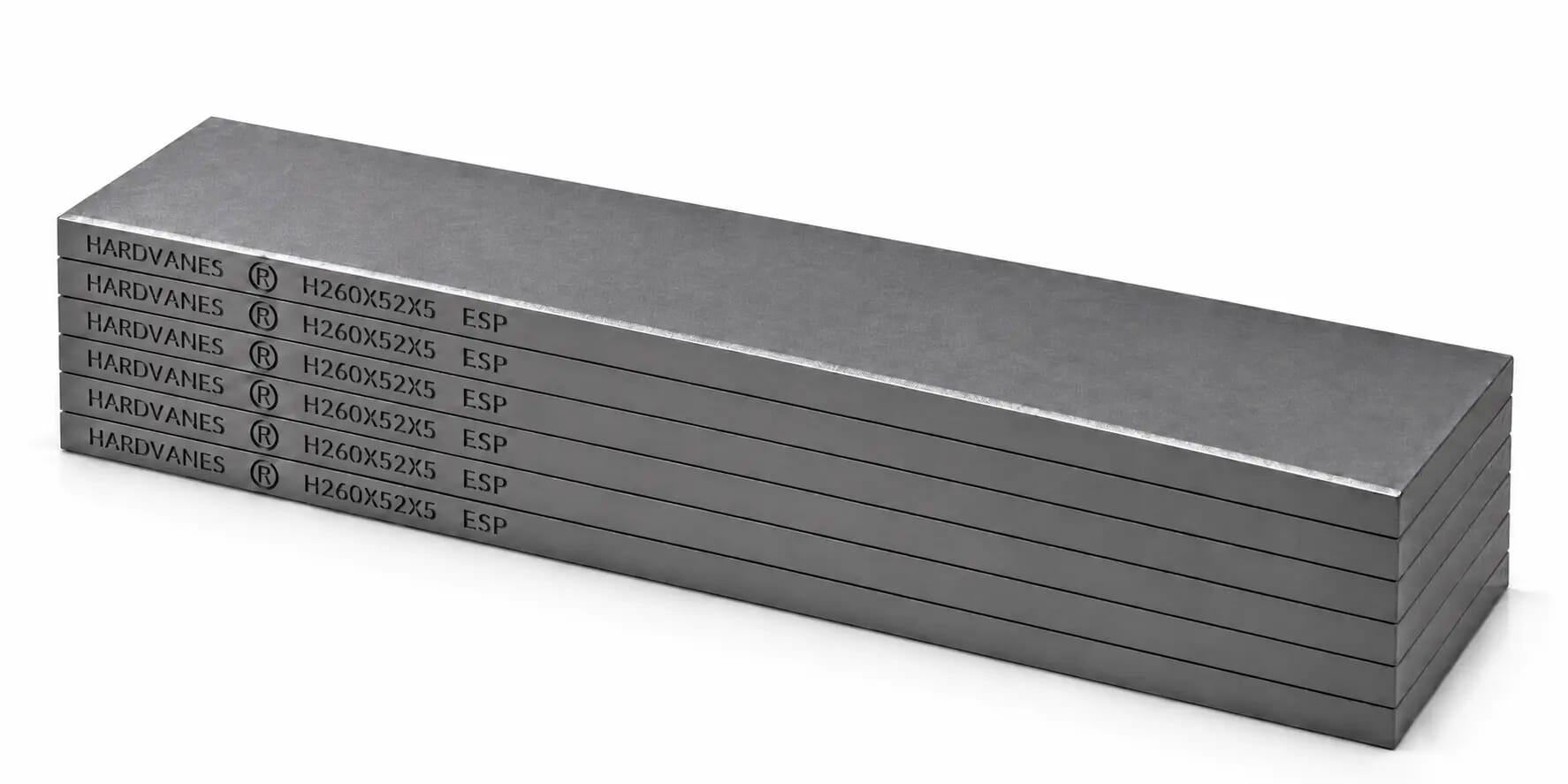 Kit de 6 paletas HARDVANES® de 260 × 52 × 5 mm, carbono-grafito con bisel, grabado a la izquierda y fondo blanco