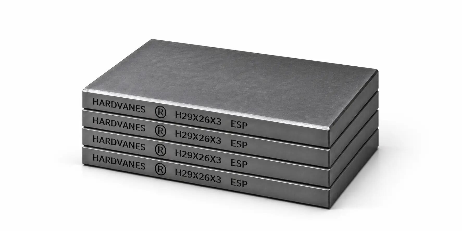 Kit de 4 paletas HARDVANES® de 29 × 26 × 3 mm, carbono-grafito con bisel, grabado a la izquierda y fondo blanco