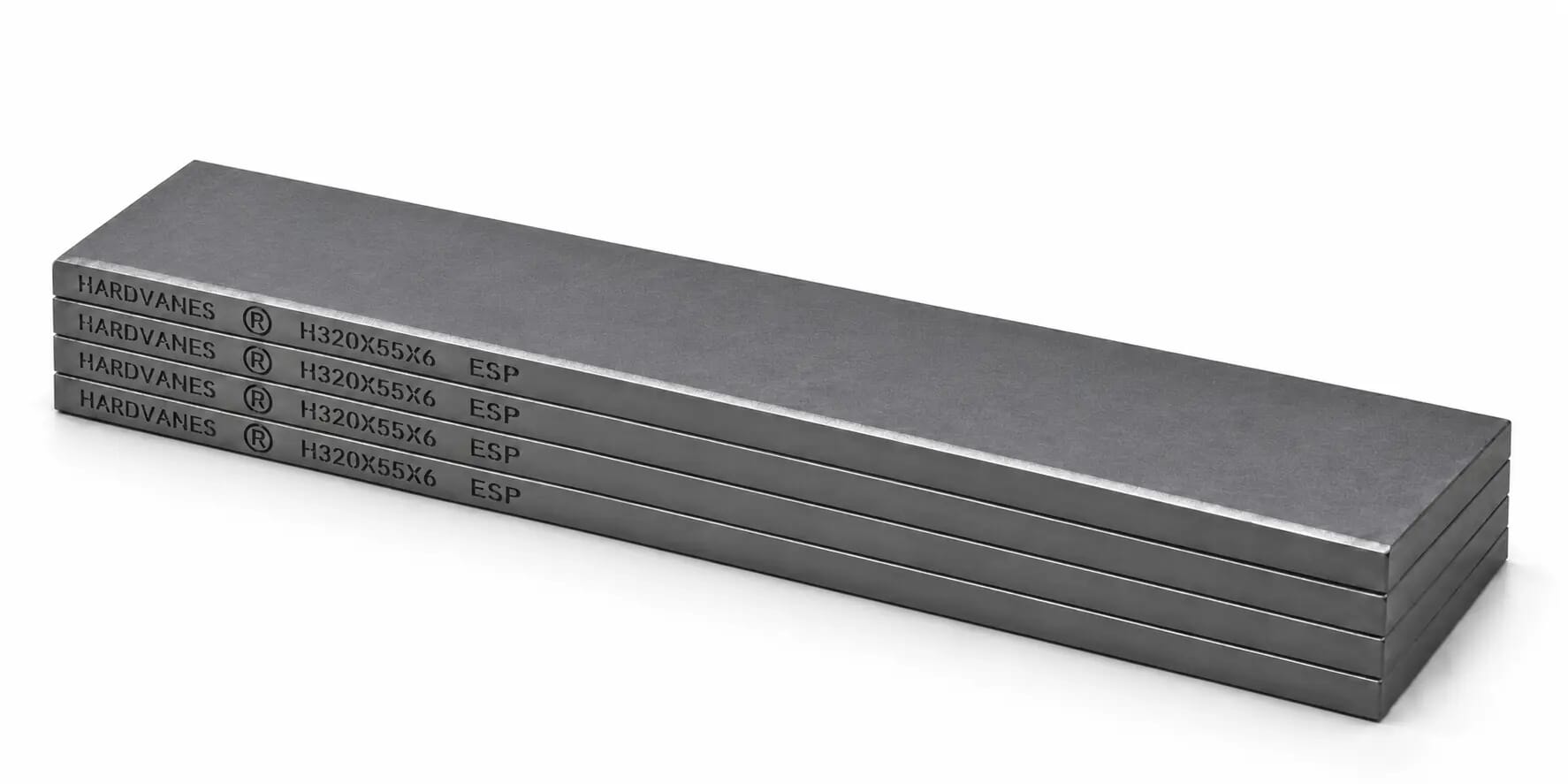 HARDVANES® H320556/4 — Kit de 4 paletas 320 × 55 × 6 mm con bisel fino y grabado a la izquierda del canto