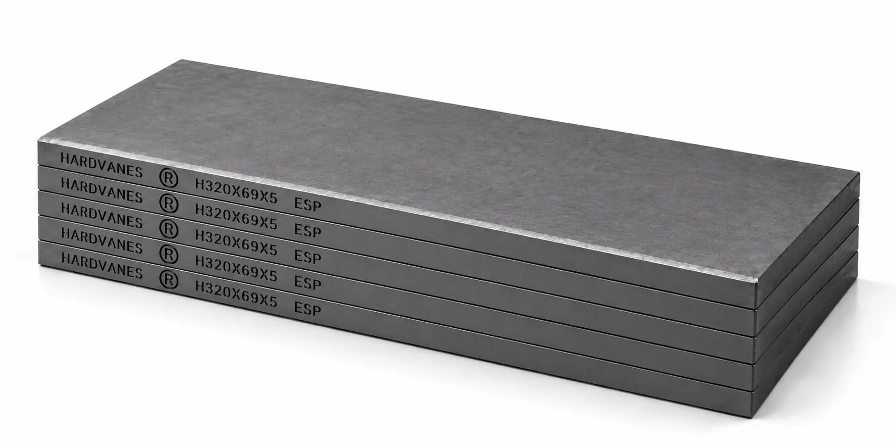 HARDVANES® H320695/5 — Kit de 5 paletas 320 × 69 × 5 mm con bisel fino y grabado a la izquierda del canto