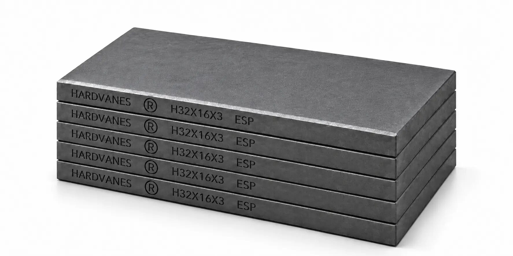 Kit HARDVANES® de 5 paletas idénticas de 32 × 16 × 3 mm, apiladas y alineadas sobre fondo blanco.