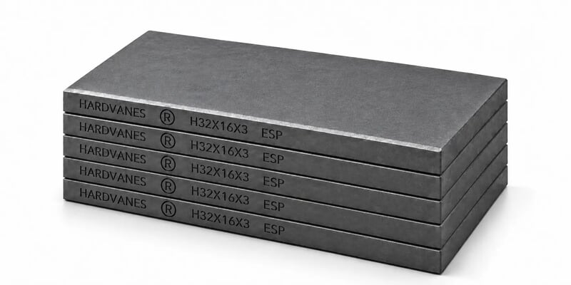 Kit HARDVANES® de 5 paletas idénticas de 32 × 16 × 3 mm, apiladas y alineadas sobre fondo blanco.
