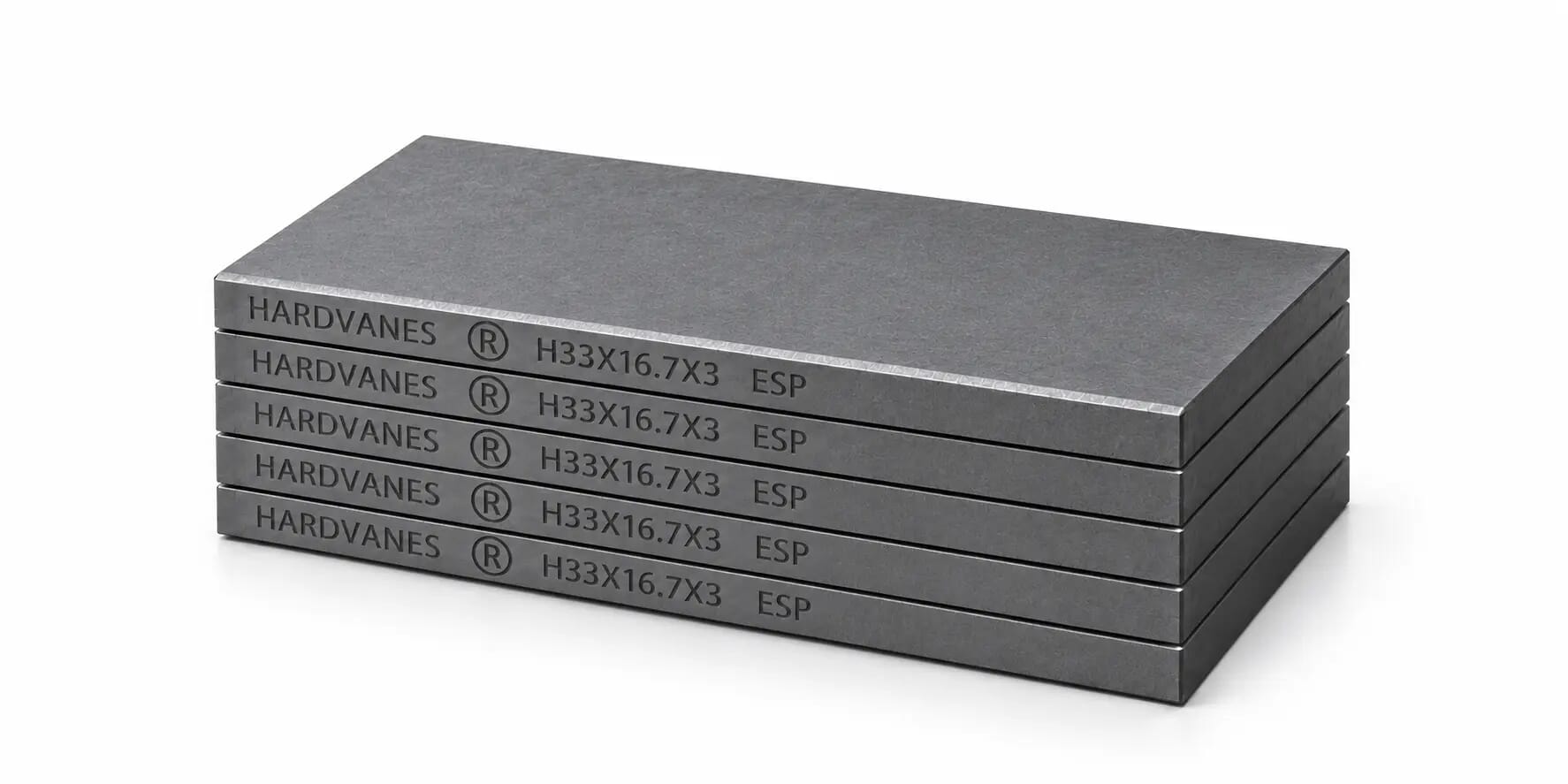 Kit de 5 paletas HARDVANES® de 33 × 16.7 × 3 mm, carbono-grafito con bisel, grabado a la izquierda y fondo blanco