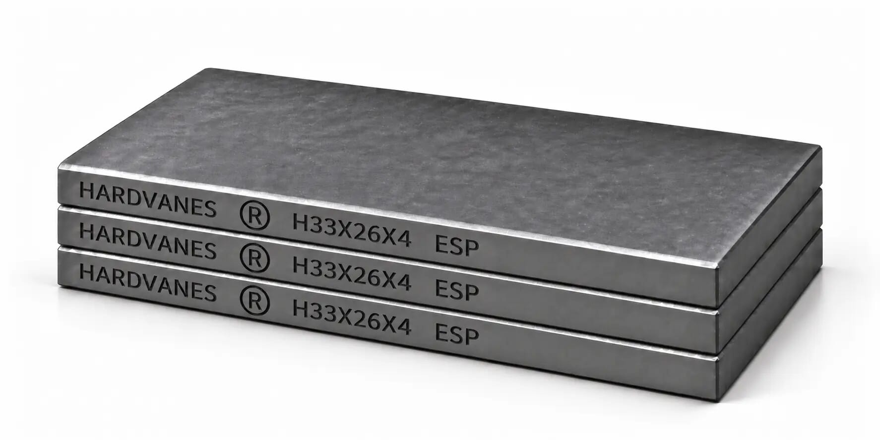 Kit de 3 paletas de carbono-grafito HARDVANES H33264/3 de 33×26×4 mm, apiladas y grabadas sobre fondo blanco.