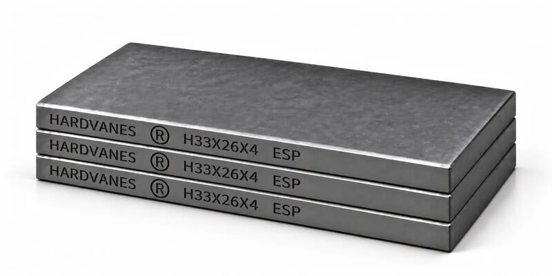 Kit de 3 paletas de carbono-grafito HARDVANES H33264/3 de 33×26×4 mm, apiladas y grabadas sobre fondo blanco.