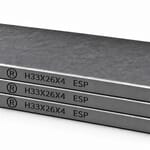 Kit de 3 paletas de carbono-grafito HARDVANES H33264/3 de 33×26×4 mm, apiladas y grabadas sobre fondo blanco.