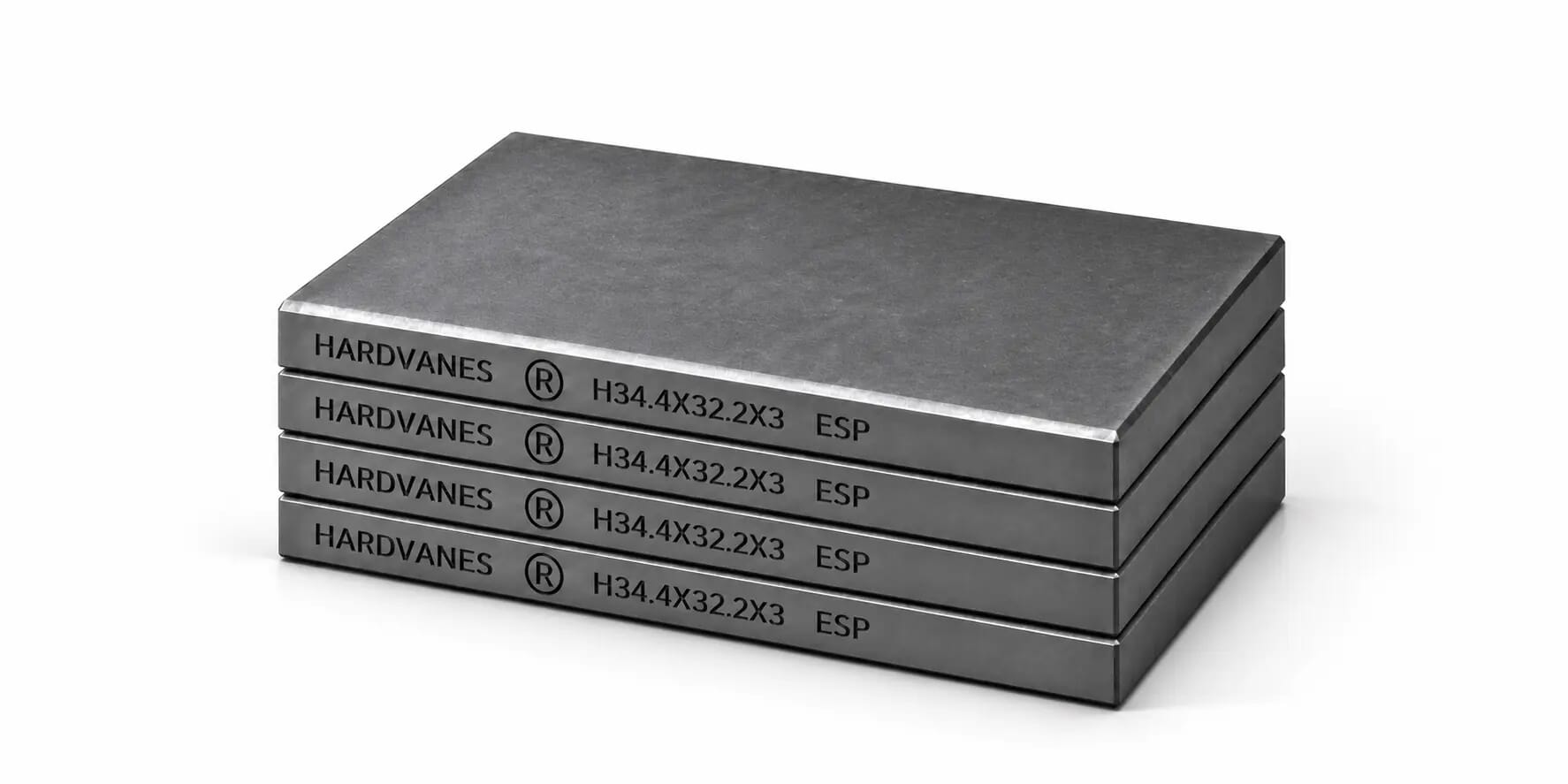 Kit de 4 paletas HARDVANES® de 34.4 × 32.2 × 3 mm, carbono-grafito con bisel, grabado a la izquierda y fondo blanco