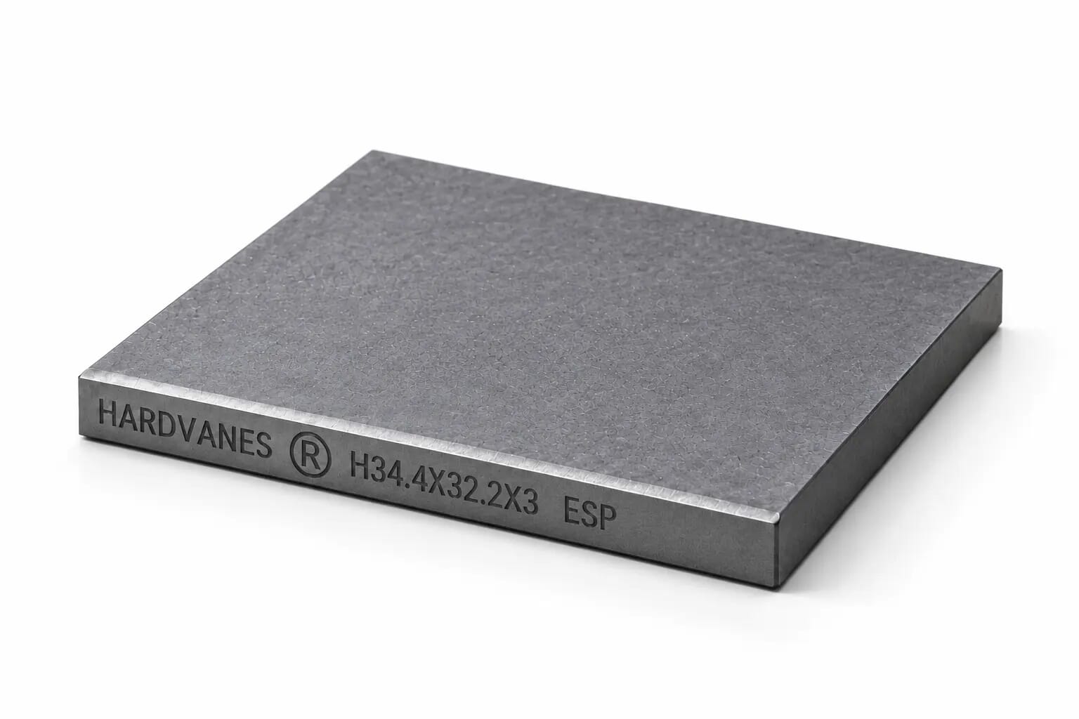 Paleta individual HARDVANES® de 34.4 × 32.2 × 3 mm, carbono-grafito con bisel, grabado a la izquierda y fondo blanco
